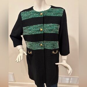Ming Wang button-front sweater jacket black and green gold-tone chain detail, L